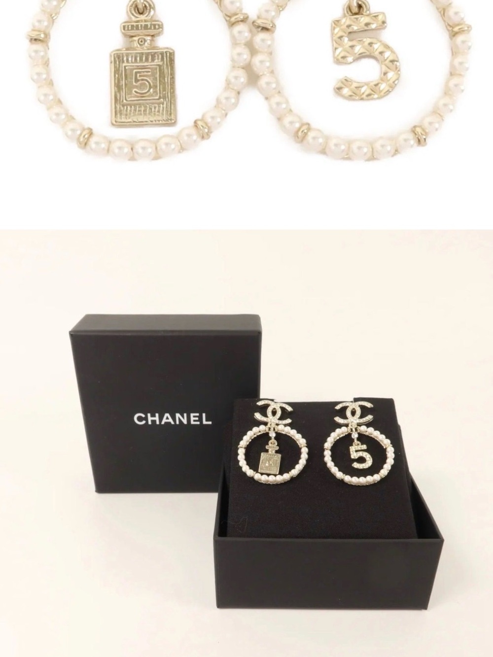 CHANEL Gold & White Pearl CC Hoop Earrings with '5' Charm